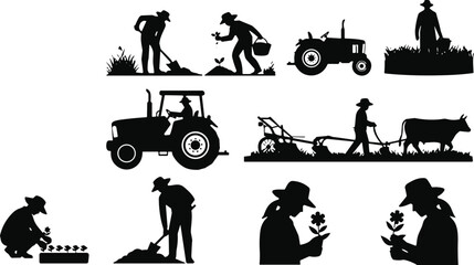Farmer agriculture silhouettes set, farming tractor planting harvesting rural worker activity isolated black vector illustration © Hosna