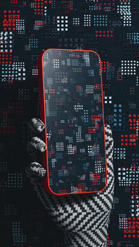 Hand holds mobile device against textured wall surface