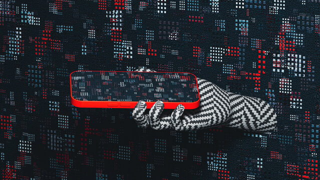 Hand holds mobile device against textured wall surface