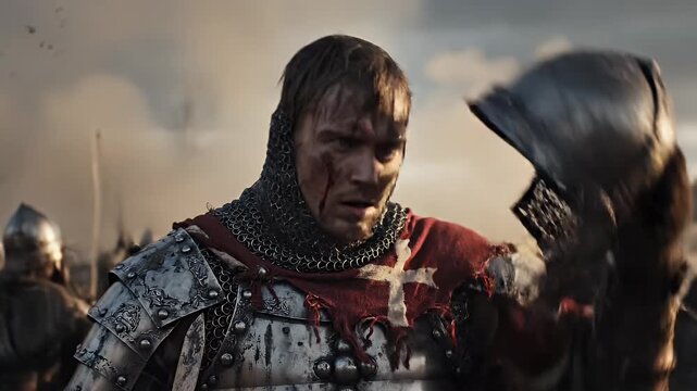 Medieval Knight Portrait on Battlefield - A dramatic portrait of a medieval warrior, a knight in chainmail and armor, standing on a smoky battlefield without his helmet.