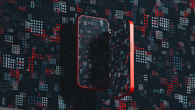 Hand holds mobile device against textured wall surface
