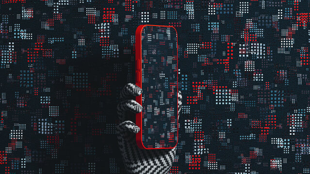 Hand holds mobile device against textured wall surface