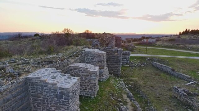 Aerial drone video of ancient Roman military outpost, muncipium Asseria ruins near Benkovac, Croatia.