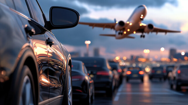 Modern luxury car driving on an illuminated city road with an airplane descending in the evening sky, symbolizing global travel, urban development, and efficient logistics