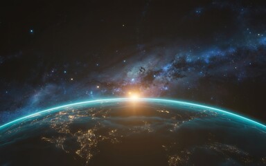 Obraz premium A bright sun illuminates the blue planet earth as it floats within the dark outer space of a vast galaxy filled with starlight and cosmic nebula clouds