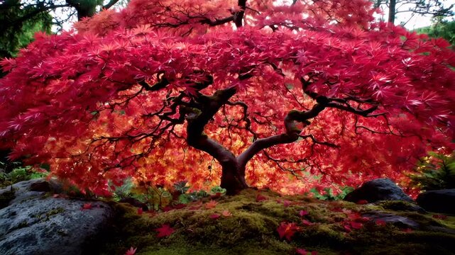 Zen Buddhism, meditation, inner peace, Chinese Japanese Asian tradition. Therapy stress release treatment, health lifestyle. A Japanese maple tree with vibrant red leaves in a Japanese garden.
