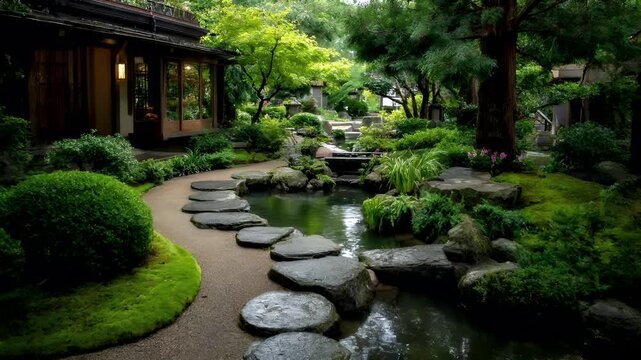 Zen Buddhism, meditation, inner peace, Chinese Japanese Asian tradition. Therapy stress release treatment, health lifestyle. A tranquil Japanese garden with a small pond surrounded by lush greenery.