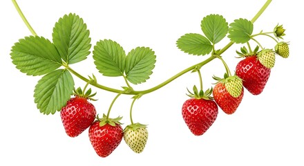 Freshly grown strawberries hanging from a vine with green leaves on a white background