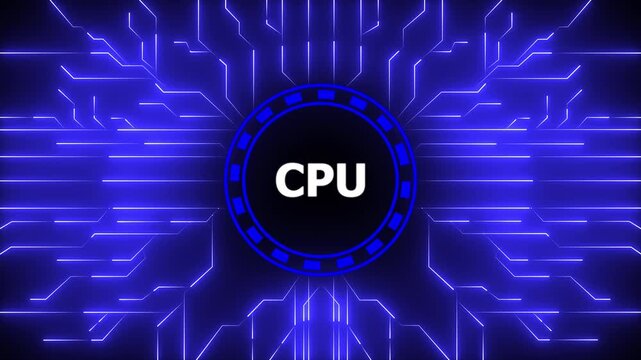 Technology multicolor CPU circuit board background. Computer motherboard with cpu icon. Digital Data moving on Circuit Board and CPU . Computer Processing and organizing data. 4k animation video.