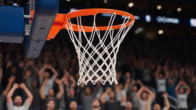 Basketball going through the net with enthusiastic crowd in the background during a game