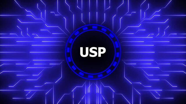 USP &ndash; Unique Selling Proposition. USP concept head up display (HUD UI) panel and futuristic technology . Digital Data moving on Circuit Board and CPU.Computer Processing and organizing data.4k video.