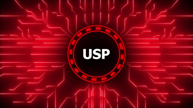 USP &ndash; Unique Selling Proposition. USP concept head up display (HUD UI) panel and futuristic technology . Digital Data moving on Circuit Board and CPU.Computer Processing and organizing data.4k video.