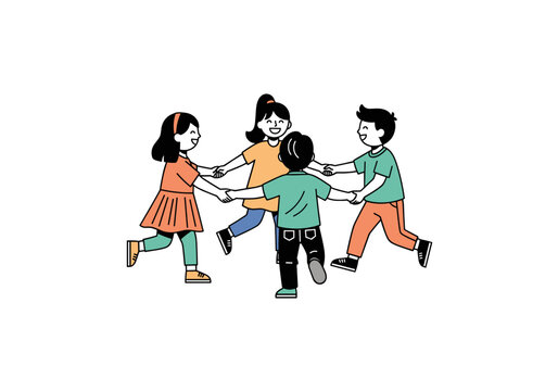 Children dancing in circle holding hands on light background illustration