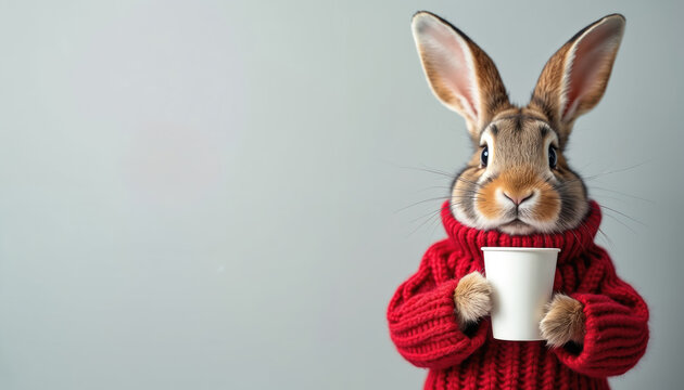 Cute bunny in red knitted sweater holds white cup. Rabbit enjoys hot beverage against simple grey background. Cozy winter scene for holidays and cafes.