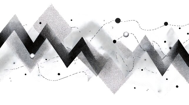 Black and white ecg line art with dynamic zig zag pattern and dots on white background symbolizing medical technology and health monitoring