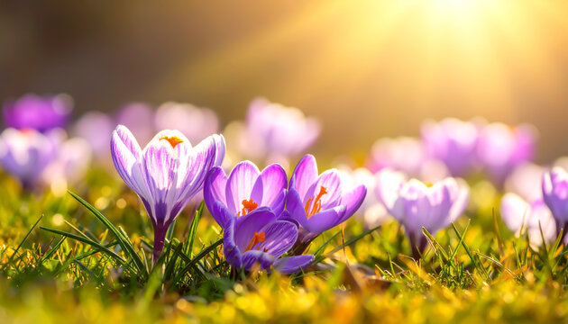 Krokusse im Fr&uuml;hlingsgras bei warmem Sonnenlicht