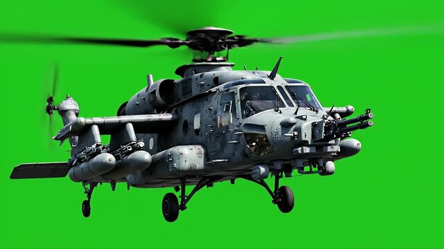Military Attack Helicopter in Flight - This video shows a military attack helicopter with spinning rotors flying against a green screen background.