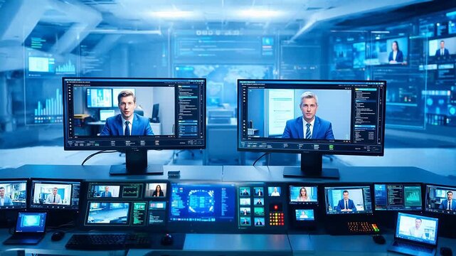 Control room with multiple monitors and personnel