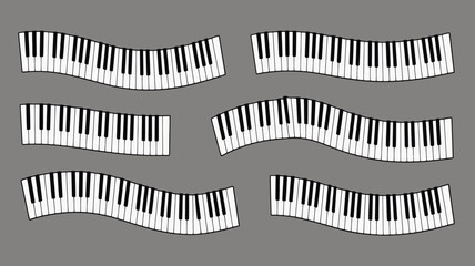 A digital illustration of multiple piano keyboards arranged in a curved layout on a grey background from a direct viewpoint