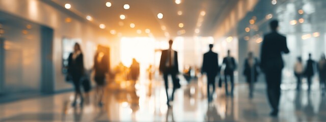 Professionals in a Lobby Environment Blurred by Movement with Light Reflections Creating a Dynamic Ambiance of Arrival and Departure