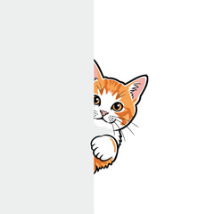 Obraz premium A cartoon cat peeks from behind a wall with curiosity and playfulness in a simple illustration style from a front viewpoint