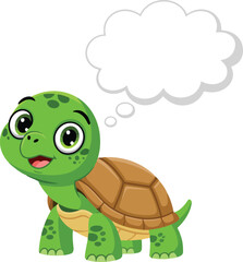 Obraz premium A charming little baby green turtle character with big eyes and a blank thought bubble