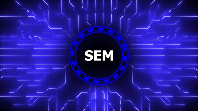 SEM &ndash; Search Engine Marketing. SEM concept head up display (HUD UI) panel and futuristic technology. Digital Data moving on Circuit Board and CPU . Computer Processing and organizing data.4k video.