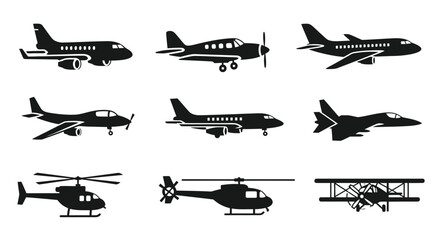 Variety of aircraft designs shown in a black graphic silhouette © mst