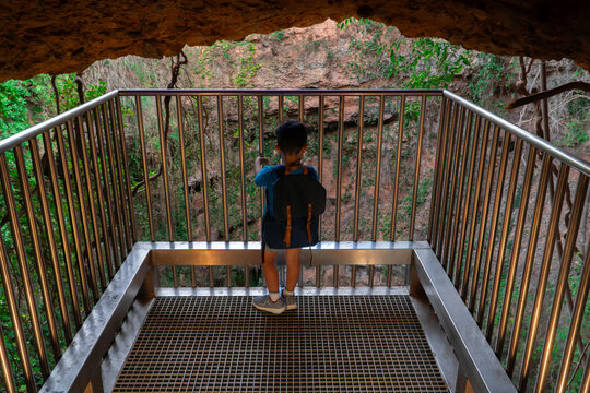 Hiker at the Sinkhole of Los Aines Viewpoint