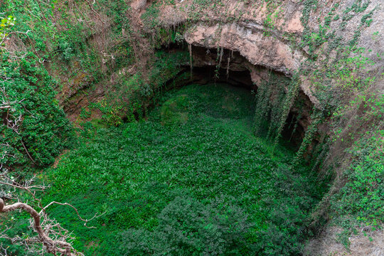 Breathtaking sinkhole of Los Aines covered in lush greenery