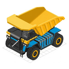 3D illustration of a large yellow and blue mining dump truck on a grid. © Wayu