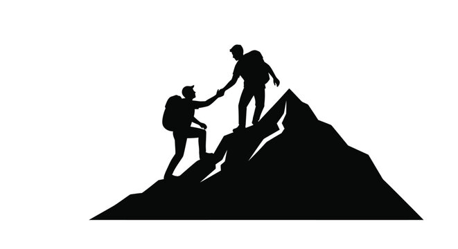 Two climbers assisting each other up a rocky mountain silhouette