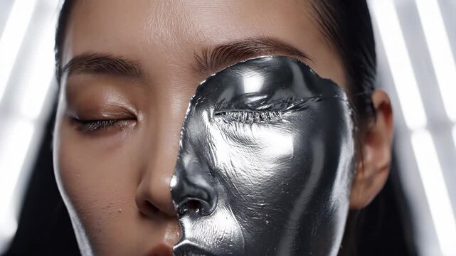 Woman transforming her face with progressive silver metallic coating. Half natural skin evolving to full metallic coverage in beauty experiment and artistic portrait series.
