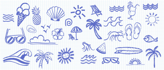 Fototapeta premium Hand Drawn Doodle Beach and Surf Vector Illustration Set – Tropical Naive Coastal Elements with Palm Trees, Waves, Surfboards and Sun for Summer Designs, T-Shirts, Posters and Placard Prints