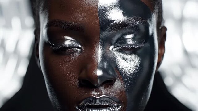 Woman transforming face with silver metallic coating. African American beauty sequence from natural skin to full shiny metallic makeup. Artistic cosmetics application in fashion and visual effects