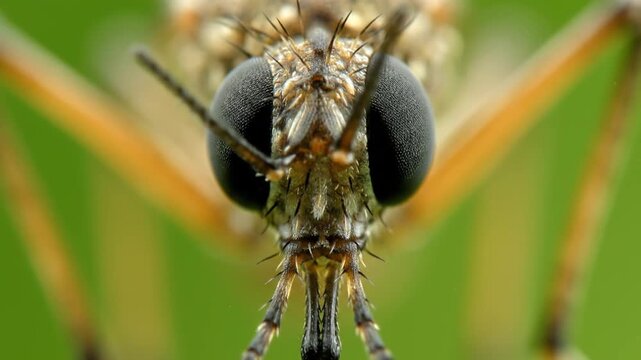 Extreme close-up of a dragonfly's face with large black eyes and sharp mouthparts in a vibrant green environment