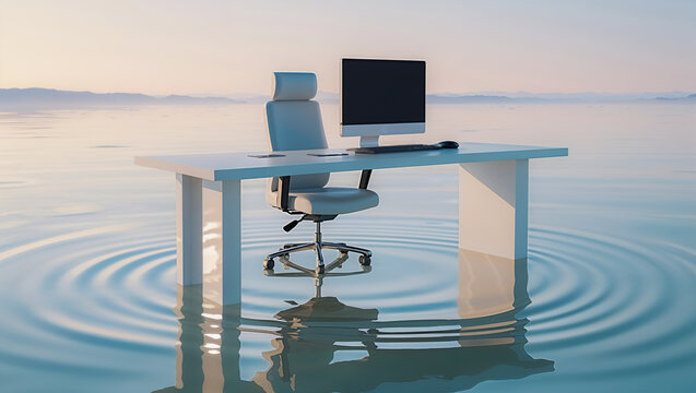 Minimalist office desk with computer and ergonomic chair standing in calm reflective water, surreal remote work concept symbolizing freedom, creative productivity environment modern workspace design