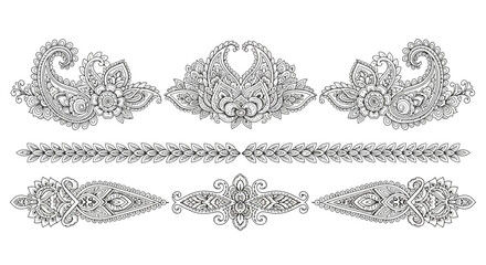 Fototapeta premium Intricate henna art elements and tailed mehndi designs collection in a vector illustration featuring floral patterns and abstract designs on a white background.