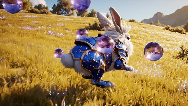 Rabbit Knight Hopping in Meadow - A rabbit knight wearing sapphire blue armor leaps across a sunlit golden meadow, surrounded by levitating purple orbs.