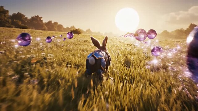 Rabbit Knight Hopping Through Sunlit Meadow - A mythical rabbit knight clad in sapphire armor is seen hopping across a golden, sunlit meadow.