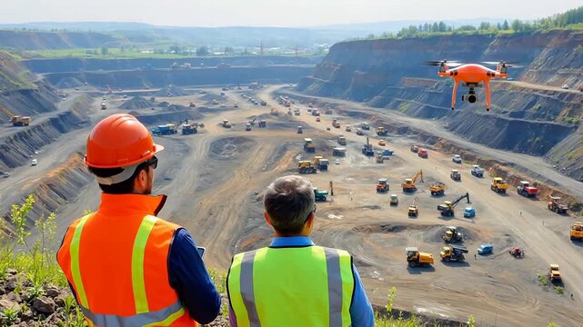 Two workers observing a drone at a mining site