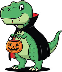 Obraz premium A cheerful green tyrannosaurus rex dressed as a vampire for halloween