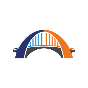 A stylized illustration of a modern bridge with two distinct colored arches, symbolizing connection and infrastructure.
