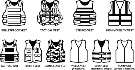 Tactical vest icon set featuring bulletproof utility high visibility and camouflage vests for security military police construction safety equipment silhouettes vector isolated design © JONI