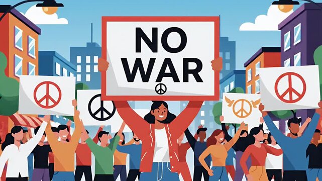 Anti-War Protest Vector Illustration - A diverse group of people are shown marching and protesting against war, holding up signs with "No War" messages and peace symbols.