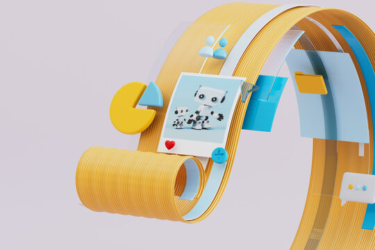 3D social interface with robot photo and app icons