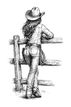 A cowgirl leaning on a fence, line art sketch illustration - vector isolated on transparent background