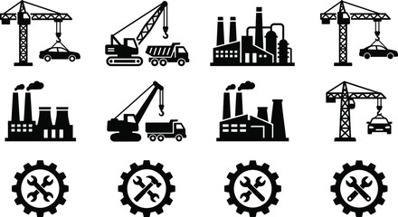 Industrial construction machinery icon set featuring tower cranes factory buildings heavy trucks and gear maintenance tools for engineering manufacturing logistics silhouettes vector isolated design © JONI