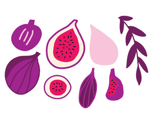 Fig fruit illustration set in modern flat style with purple tones. Collection of whole and sliced figs with leaves arranged as decorative food elements. Ideal for packaging, menu design, stickers and 