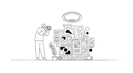 Fototapeta premium Vector illustration of a photographer with camera and collage wall